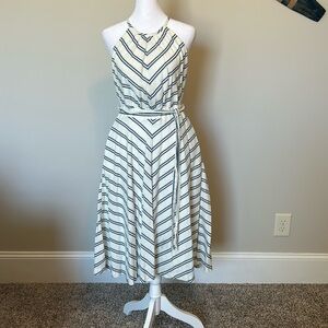 Beige, striped dress. Size small. Comes with belt. Has pockets
